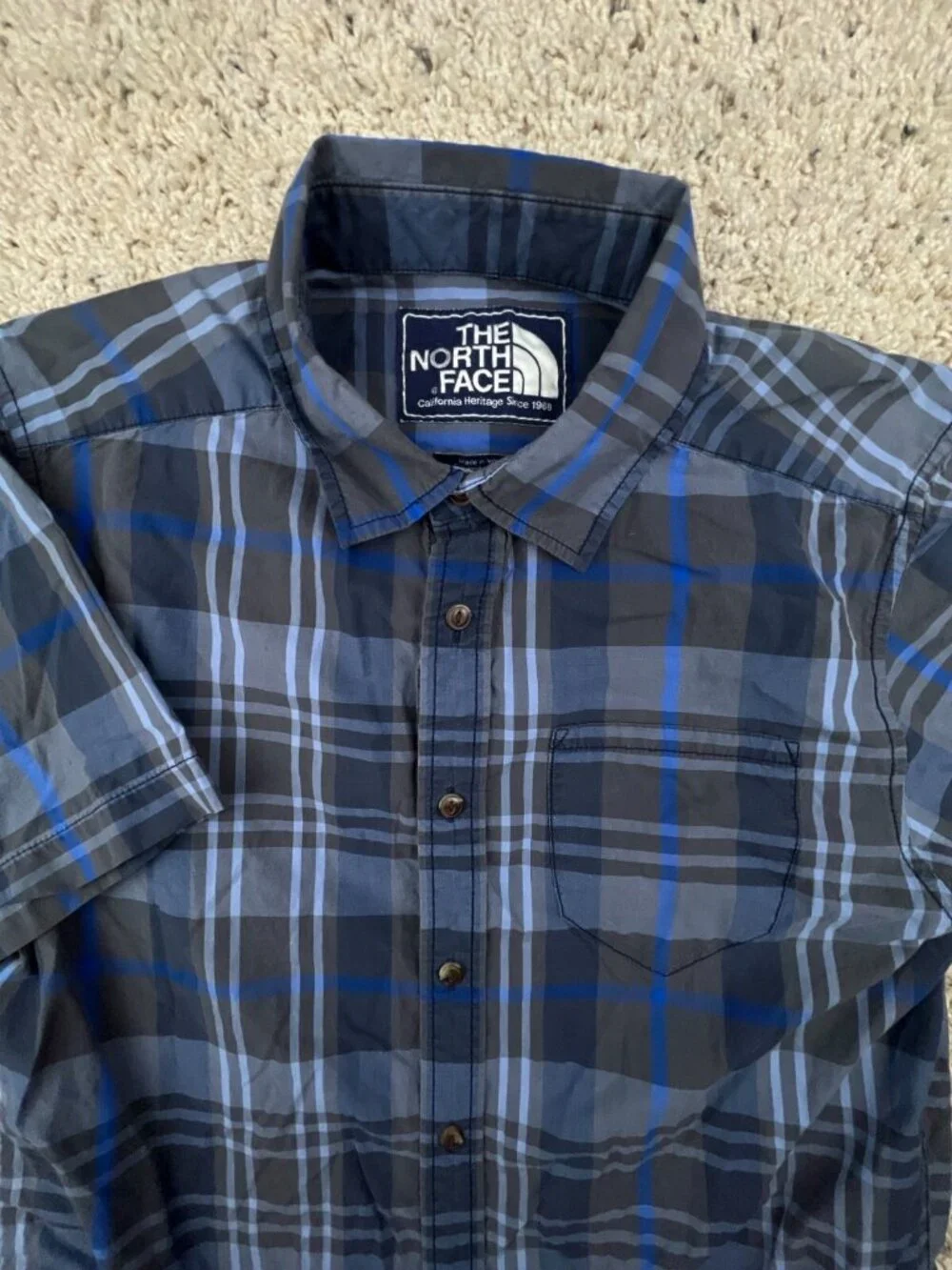 North Face Shirt Mens Short Sleeve Button Up Blue Gray Plaid Size Small Smol